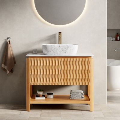 Modern Bathroom Vanity with Fluted Solid Wood Doors, Carrara Sintered Stone Top, Vessel Sink