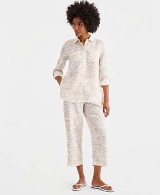 Petite Linen Botanical Zebra-Print Cropped Pants