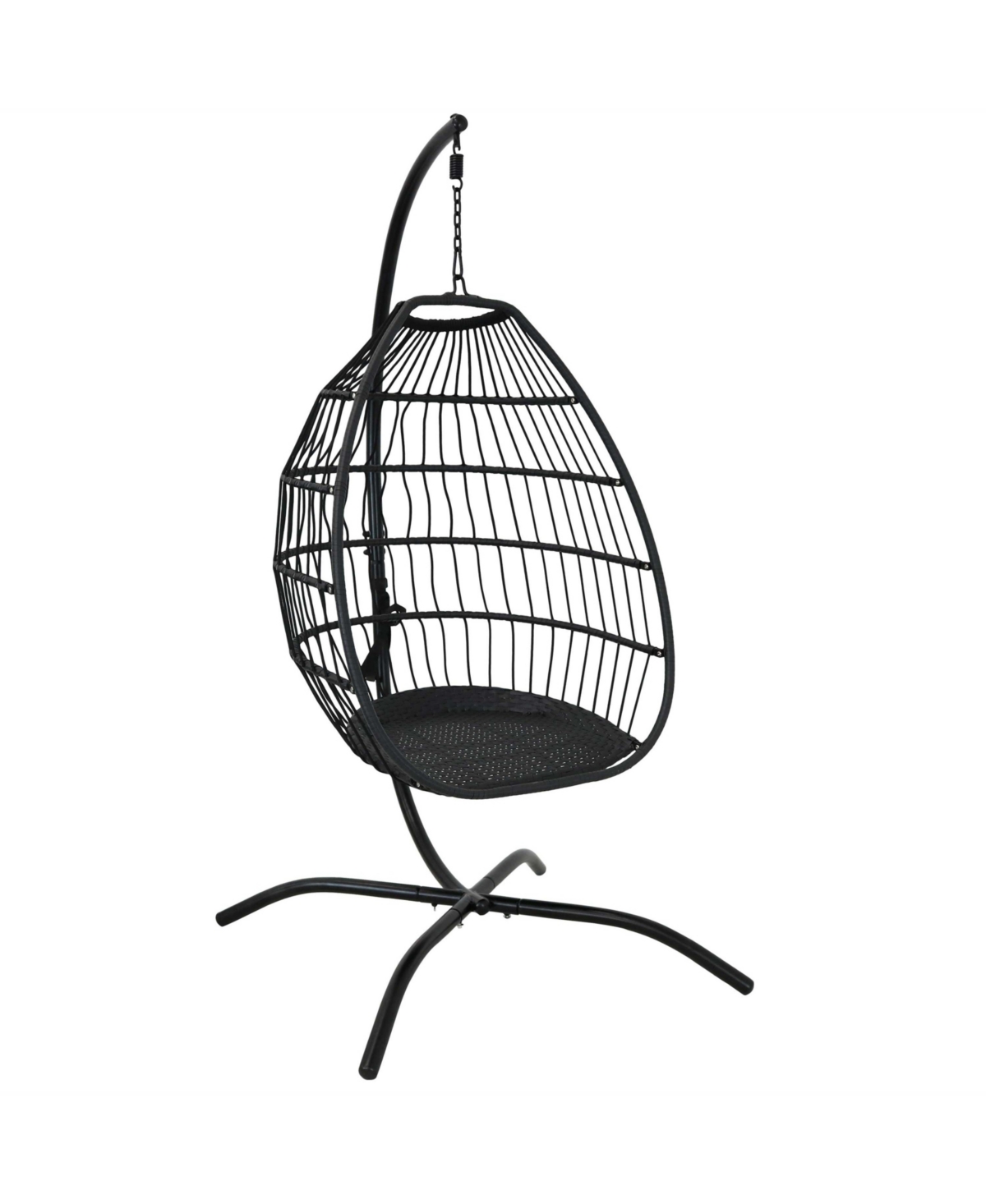 Outdoor Resin Wicker Patio Delaney Hanging Basket Egg Chair with Cushions, Headrest, and Steel Stand Set - Gray - 3pc