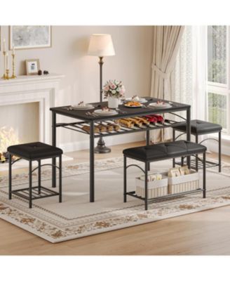 Dining Table Set for 4 with Upholstered Benches and 2 Stools, Small Kitchen Table Chairs Set of 4 for Apartment, Studio, Home and Small Space