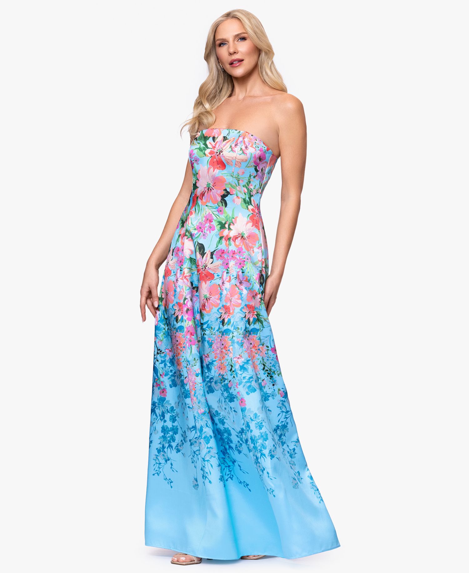Petite Printed Strapless Ball Gown