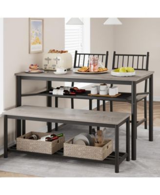 Dining Table Set for 4, Kitchen Table and 2 Chairs with Storage Bench, 47.2" Rectangular Kitchen Table Set with Wine Racket