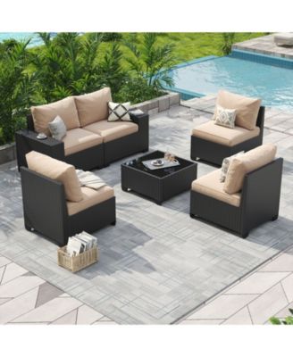 6-Piece Wicker Outdoor Sectional Sofa Set with Cushions and Glass-Top Coffee Table