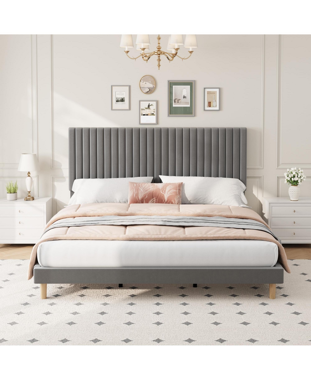 Homfan Velvet Bed Frame, Vertical Channel Tufted Headboard, Height Adjustable