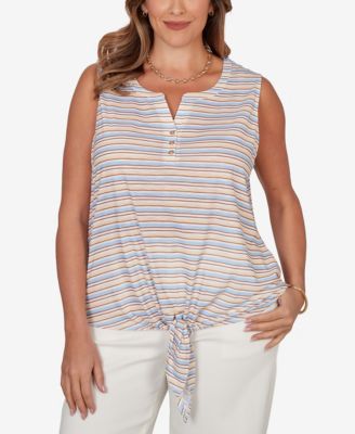 Plus Size Striped Slub Sleeveless Henley Tie Front Top