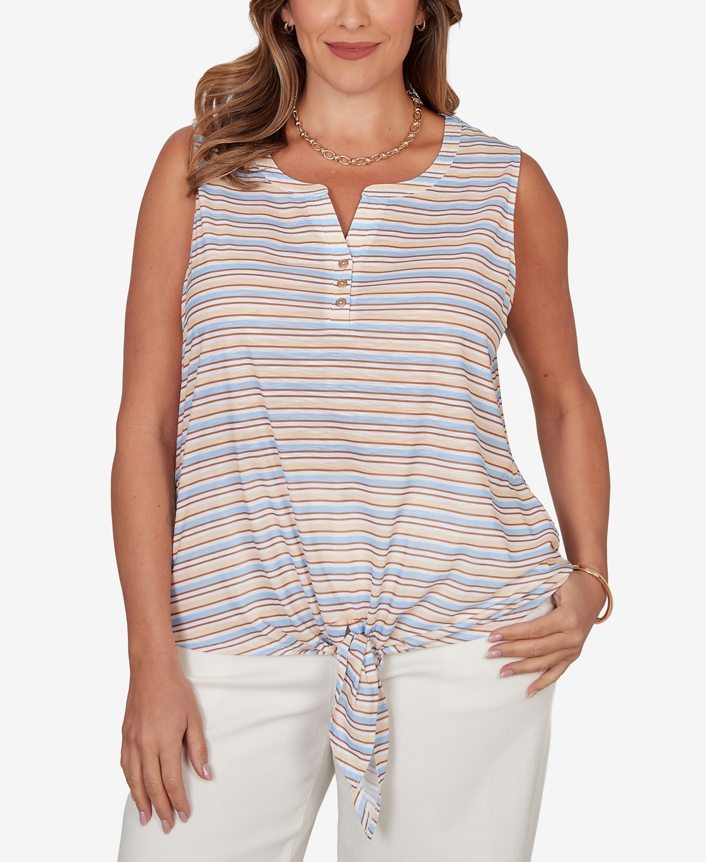 Женский топ HEARTS OF PALM Plus Size Striped Slub Sleeveless Henley Tie Front, цвет: Разноцветный — фото 1