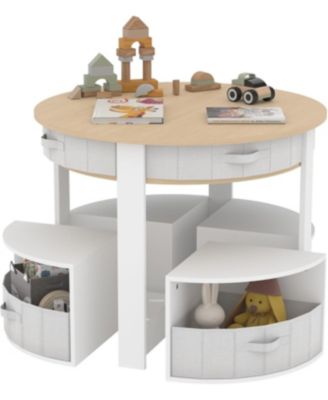 Kids Table and Chair Set, 5 Pieces Wooden Round Nesting Design Children Multi-Activity Table With 4 Storage Stools and 4 Fabric Drawers