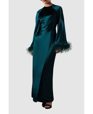Women's Feather Trim Satin Maxi Dress