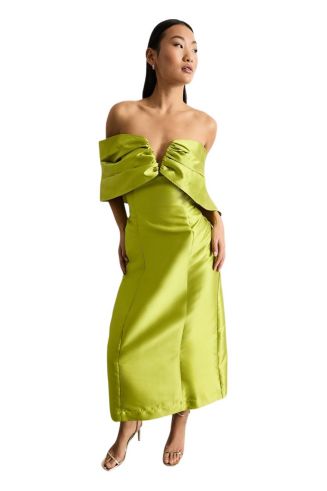satin bardot midi dress Warehouse Women's Petite Satin Twill Notch Front Bardot Midi Dress in Chartreuse
