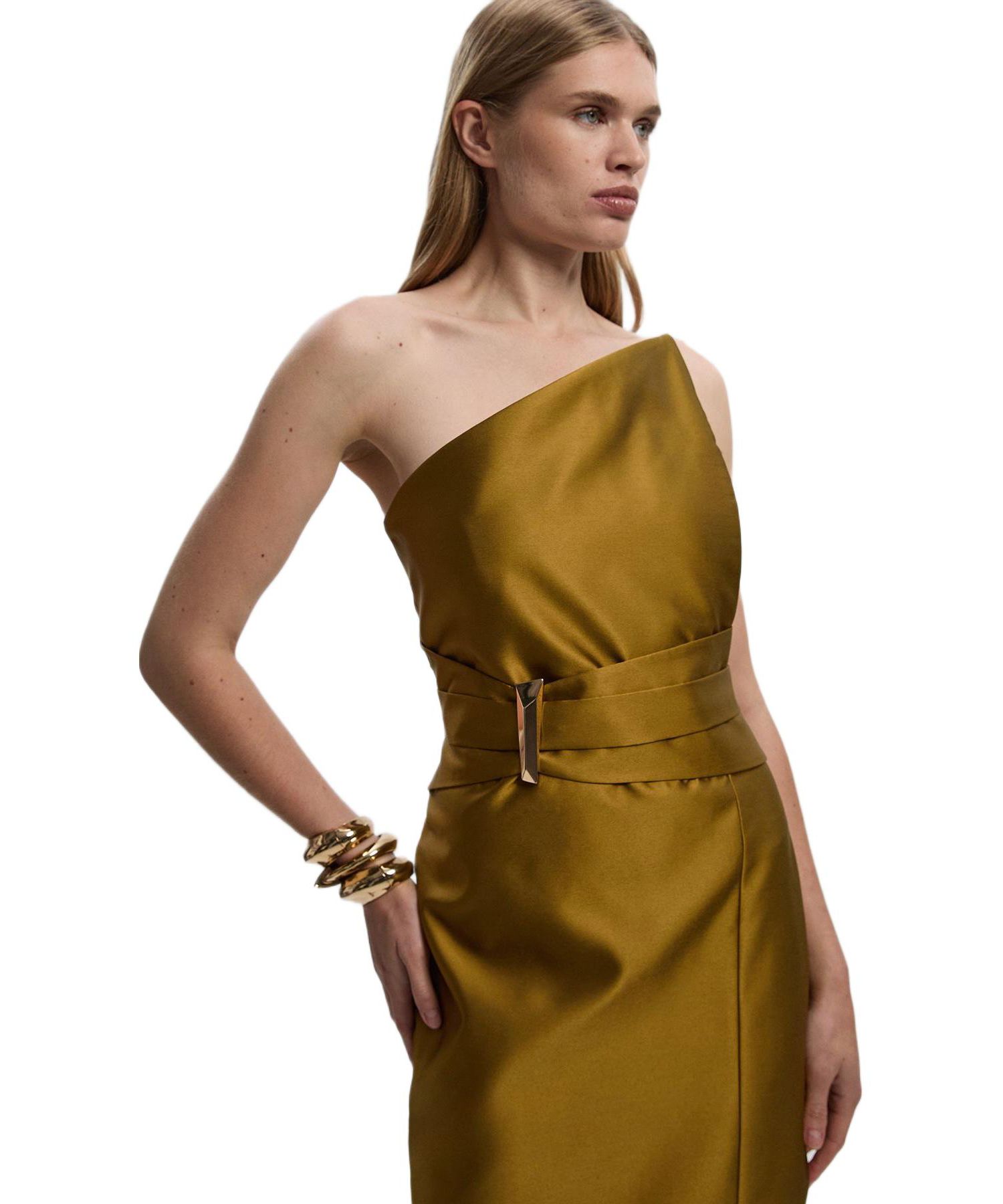 Women's Satin Twill Asymmetric Neck Midi Dress
