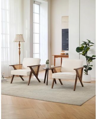 Mid-Century Modern Accent Chair,Linen Upholstered Vintage Rattan Vanity Chair Cute Reading Arm Chair Wood Frame for Lounge,Living Room,Bedroom.