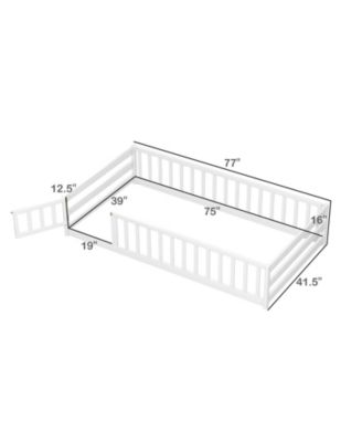 Twin Size Kids Montessori Floor Bed with Lockable Door and Fence Guardrails