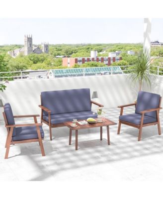 4 Piece Outdoor Acacia Wood Conversation Set with Soft Seat and Back Cushions