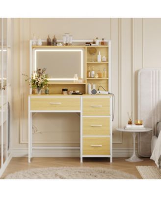  Vanity Desk with Mirror,  Makeup Vanity Table with Shelves, 4 Fabric Drawers Storage, Modern Dressing Table for Bedroom, Gift for Women