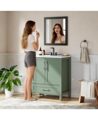 Bathroom Vanity with Ceramic Sink, Bathroom Storage Cabinet with Drawer and 2 Soft Closing Doors, Single Sink Bathroom Vanity with Integral Top