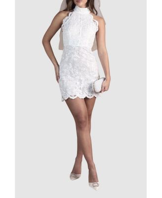 Women's High Neck Mesh Mini Wedding Dress