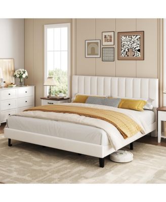 Upholstered Platform Bed Frame with Adjustable Height Vertical Channel Tufted Headboard, Sturdy Wooden Slats, Noise-Free