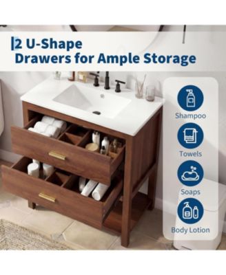 30" Modern Bathroom Cabinet with Sink, Ceramic Integral Basin, 2 Soft-Close Drawers and Open Shelf, Space-Saving Bathroom Storage Solution