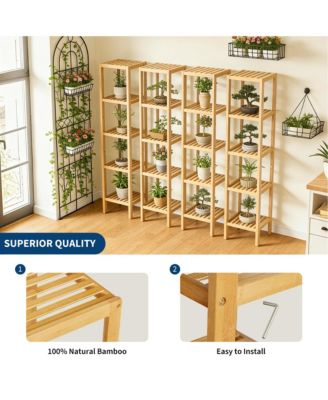 5-Tier Bamboo Shelf Narrow Bathroom Shelf with Slatted Shelves Wood Plant Stand Standing Towel Rack Corner Rack