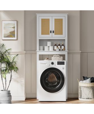 Over Toilet Storage Cabinet with Rattan Doors and Adjustable Shelf, Farmhouse Bathroom Organizer with Open Shelf