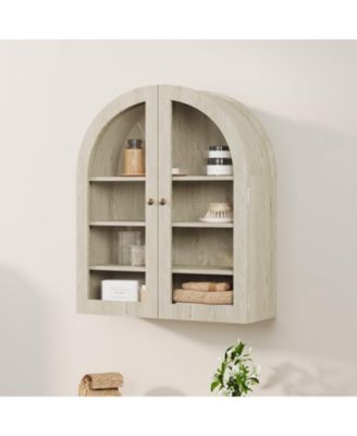 Arched Bathroom Wall Cabinet with Glass Doors and Adjustable Shelves, Wood Over Toilet Storage Organizer for Bathroom and Laundry Room