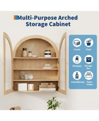 Arched Bathroom Wall Cabinet with Glass Doors and Adjustable Shelves, Wood Over Toilet Storage Organizer for Bathroom and Laundry Room