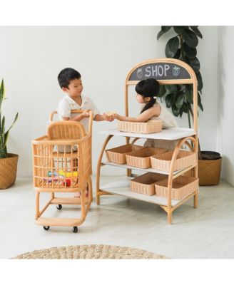 Handcrafted Rattan Kids Shopping Cart with Baby Seat - Wicker