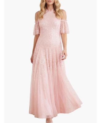 Women's Scallop Sequin Halter-Neck Ankle Gown