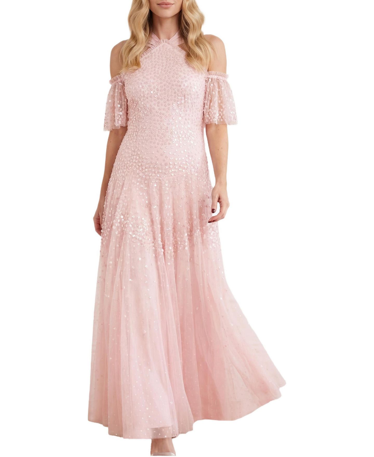 Женское платье Needle & Thread Scallop Sequin Halter-Neck Ankle Gown, цвет: Seashell — фото 1