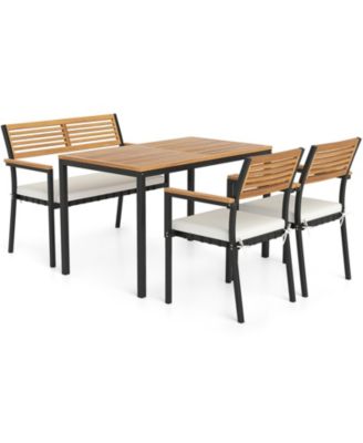 4-Piece Acacia Wood Outdoor Dining Set with Stackable Chairs, Bench and Umbrella Hole