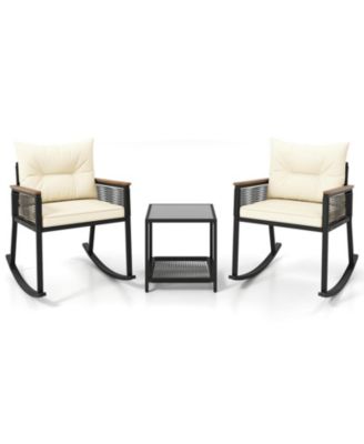3-Piece PE Rattan Rocking Chair Set with Acacia Wood Armrests and 2-Tier Table