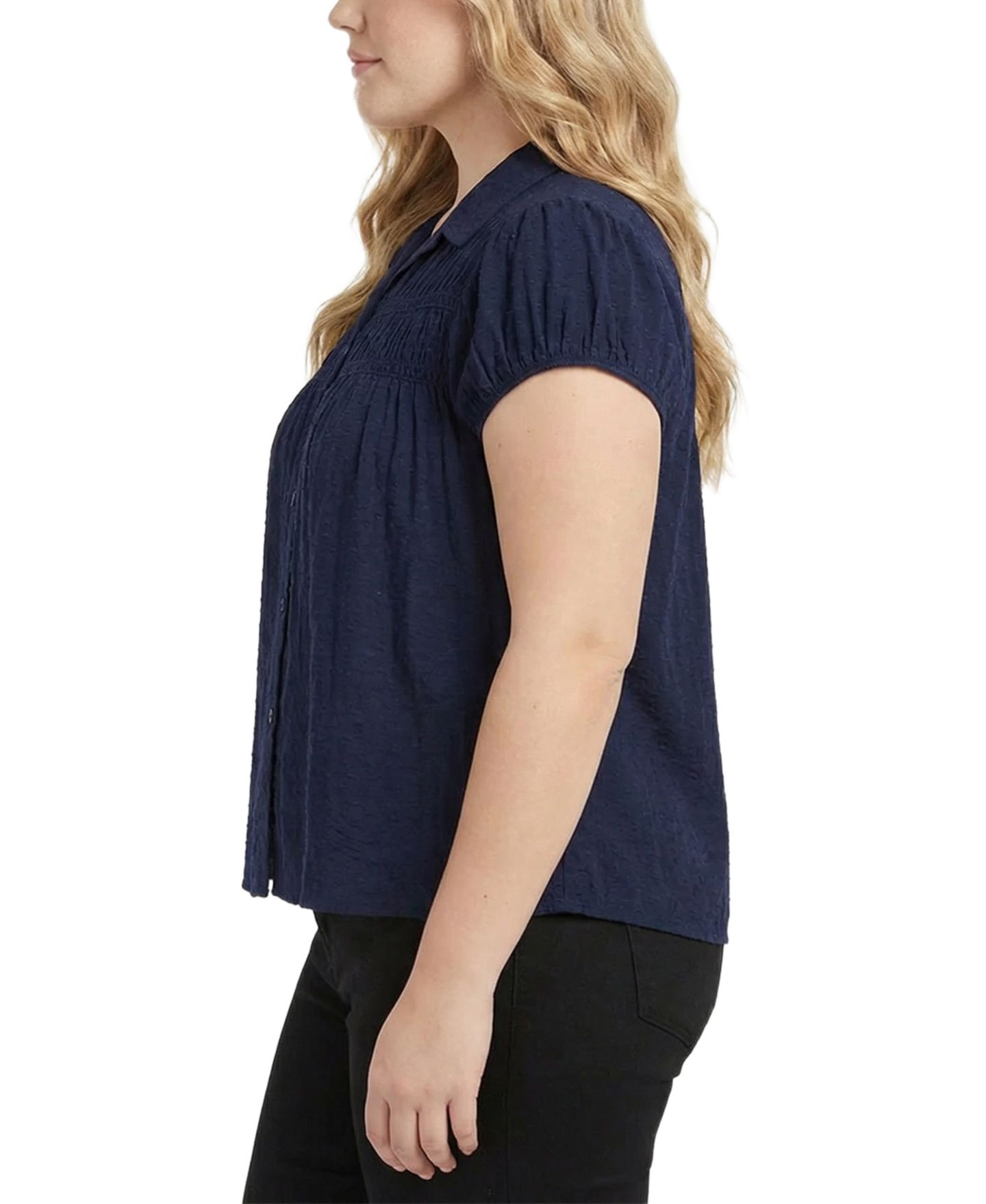 Женский топ NY Collection Plus Size Cap-Sleeve Rouched Yoke, цвет: Тёмно-синий — фото 2
