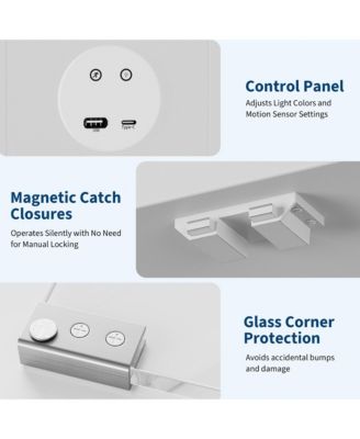 Modern Glass Corner Display Cabinet – 4 Tiers, Glass Doors, 3-Color LED Lighting, Motion Detector, Charging Ports