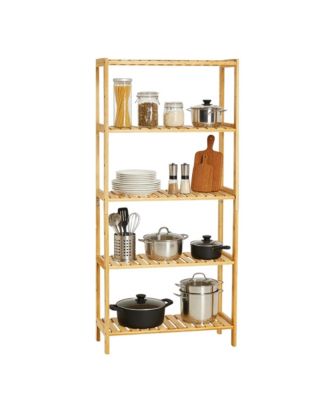 5-Tier Wide Bamboo Shelf Narrow Bathroom Shelf with Slatted Shelves Wood Plant Stand Standing Towel Rack Corner Rack