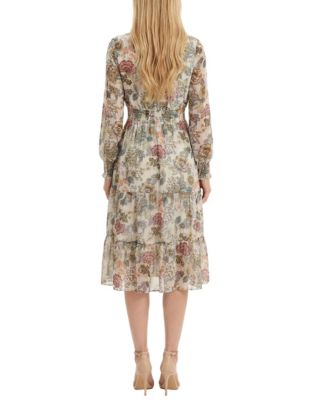 Women's Long-Sleeve Clip Dot Chiffon Dress with Smocked Waist and Cuffs