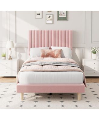 Twin Velvet Upholstered Bed Frame with Vertical Channel Tufted Adjustable Headboard