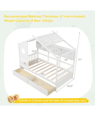 House Bed Kids Bed Frame w/ 2 Storage Drawers & Fence Guardrails