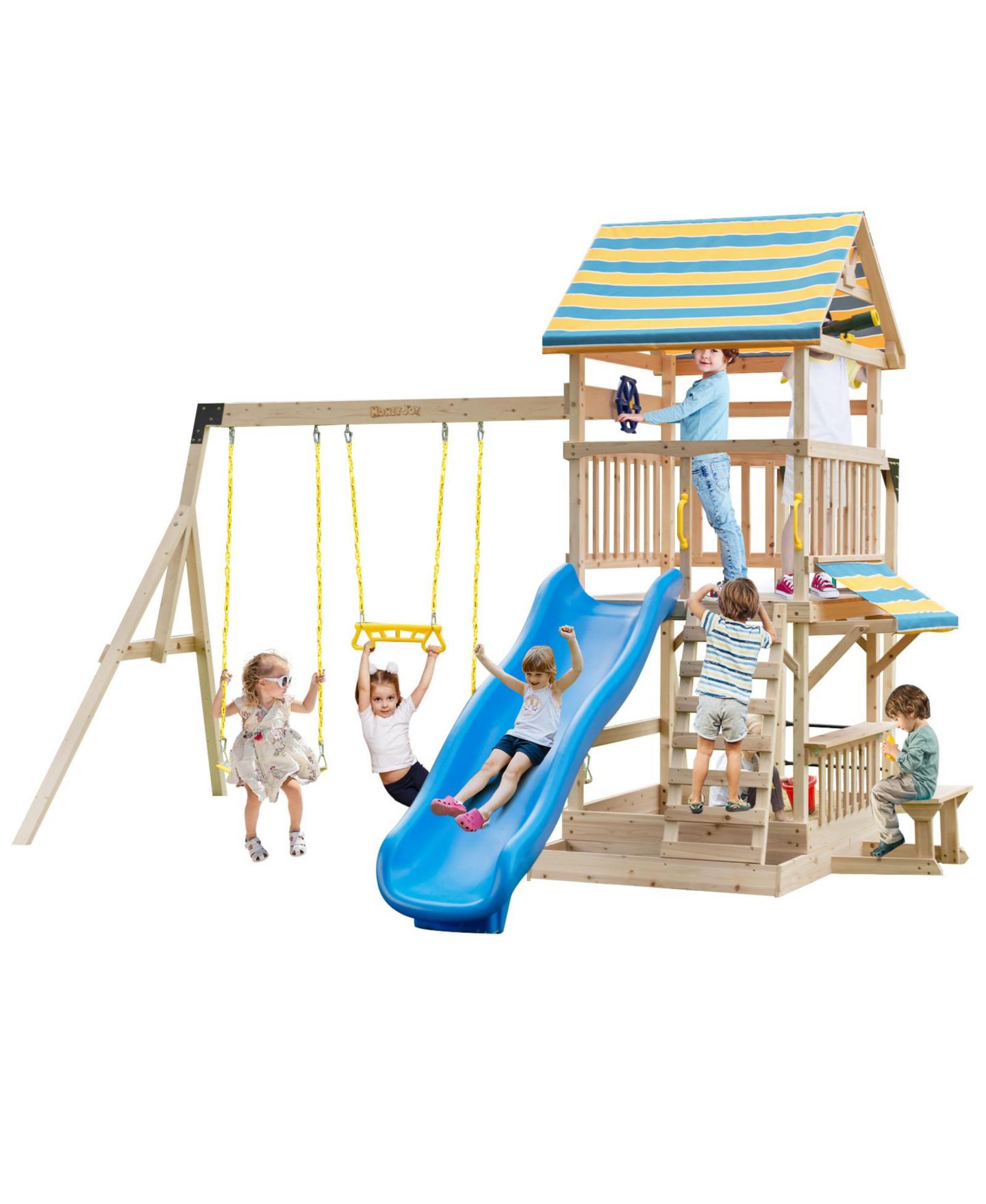 Детские игрушки Slickblue Wooden Swing Set with Slide, Deck and Steering Wheel, For Up to 10 Players, Ages 3+, цвет: Коричневый — фото 3