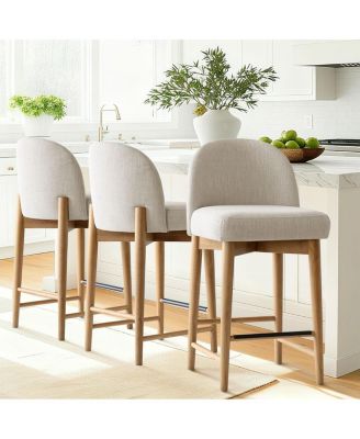 Armless Upholstered Counter Height Stools Set of 3, Linen, Wood Legs