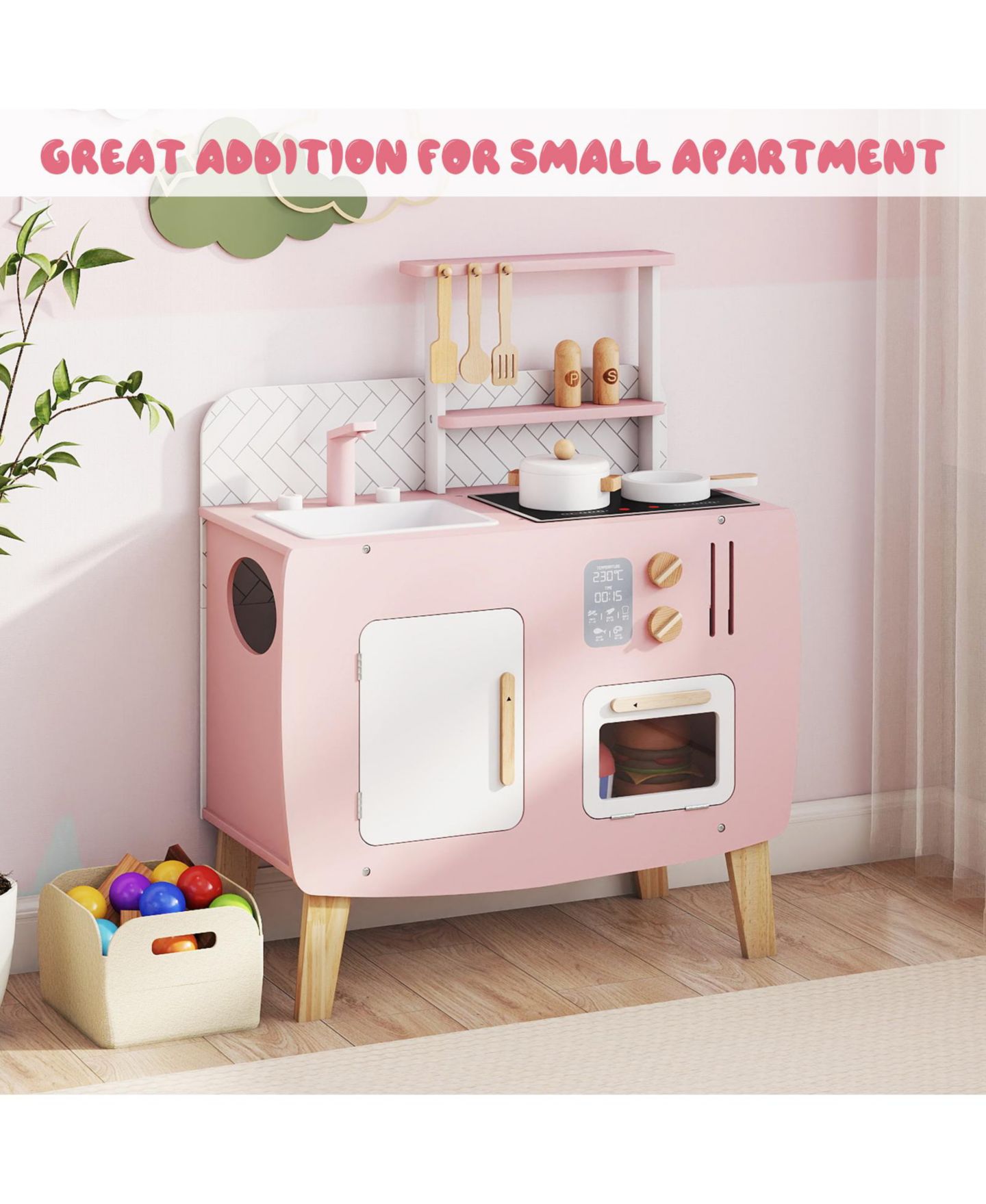 Детский игровой набор Slickblue Wooden Kitchen Playset, от 3 лет, цвет: Розовый / Белый — фото 5