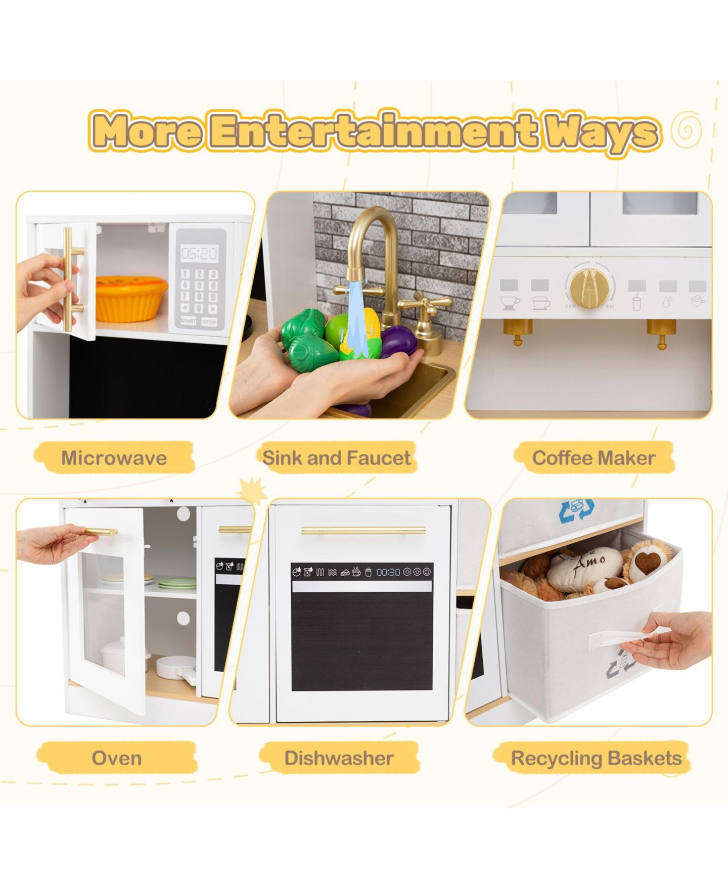 Детская игрушка Slickblue Wooden Kids Play Kitchen With Light and Sound, от 3 лет, цвет: Белый / Коричневый — фото 7
