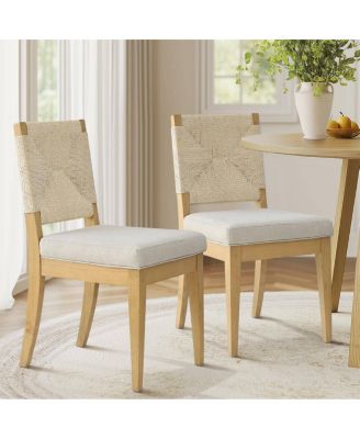 Woven Rope Back Linen Upholstered Solid Wood Dining Chairs, Set of 2