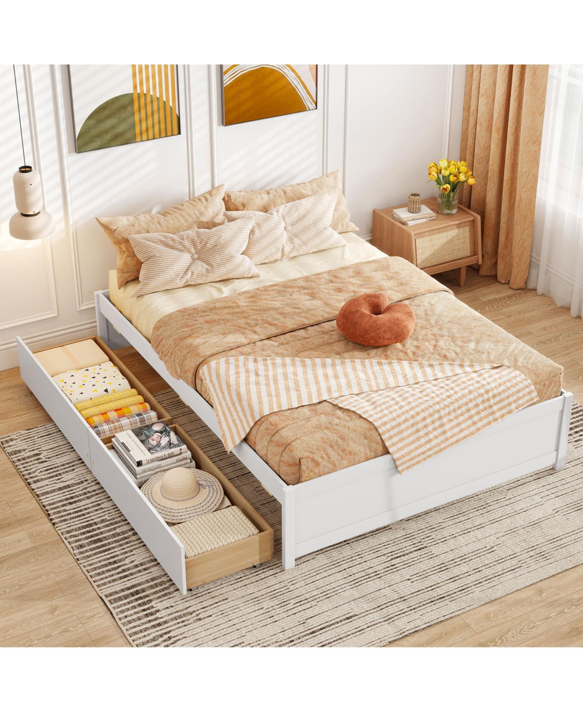 Sugift Full Size Wooden Bed Frame with 2 Rolling Storage Drawers