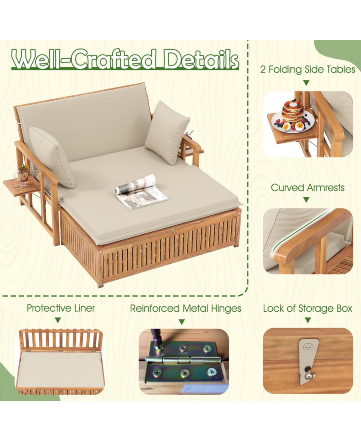 Gouun Acacia Wood Outdoor Daybed with Storage Ottoman and Removable Cushions