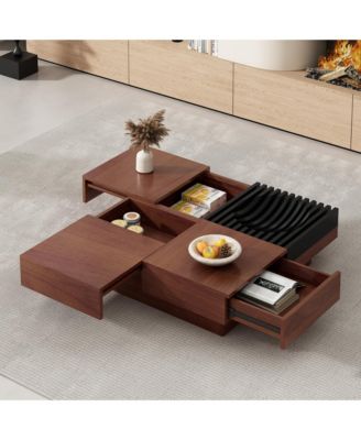 Modern Extendable Coffee Table with Storage, Multi-Functional Sliding Top Center Table with Drawers for Living Room