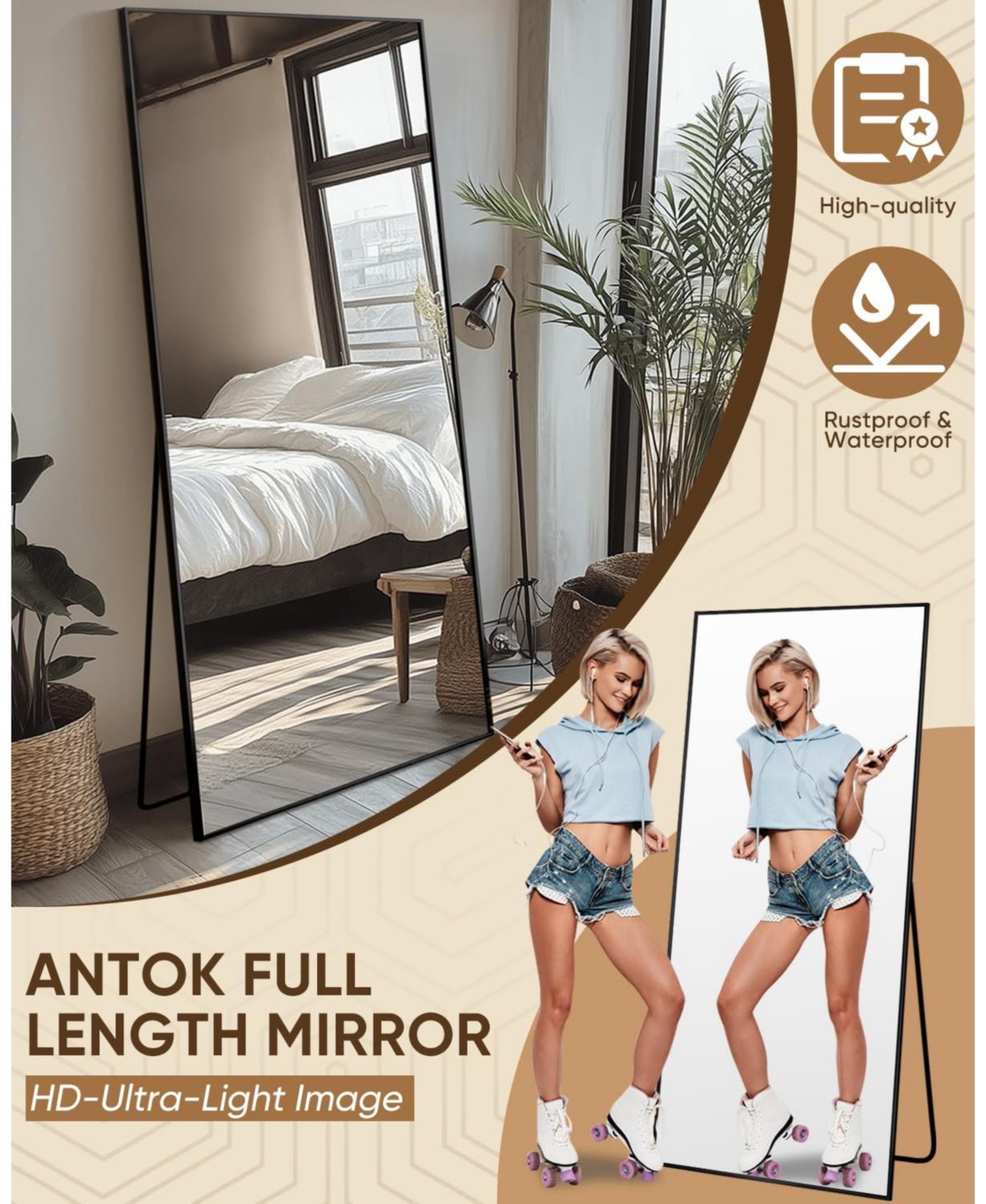 Antok Full Length Mirror 71"x30" Oversized Floor for Living Room Cloakroom Rect Style