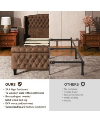 Queen Sleigh Bed Frame, Chenille Wingback Headboard, Button Tufted Footboard, Wood Slat Support, No Box Spring, Noise-Free, Easy Assembly