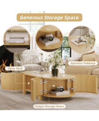 47" Fluted Oval Center Table, Mid Century Modern Coffee Table with Storage Shelves and 2 Open Doors for Home Living Room