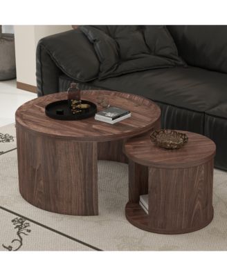 Modern Circular Nesting Coffee Table Set of 2, 31.5" Main Table and 18" Stackable Side Table, Wooden Round Center Table for Living Room