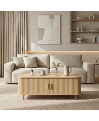 Modern Mid-Century Coffee Table with Storage - 4 Open Shelves and 2 Tambour Doors for Living Room, Home Theater